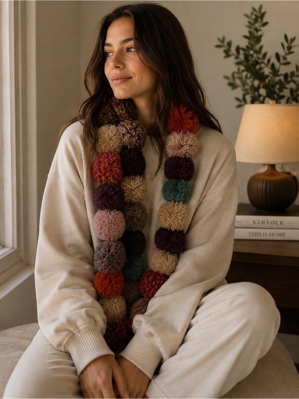 Multicolor Statement Pom Pom Scarf – Boho Textured Winter Accessory